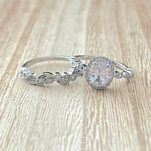 Oval White Sapphire Halo Ring w/ Leaf-Vine Band - 14K White Gold